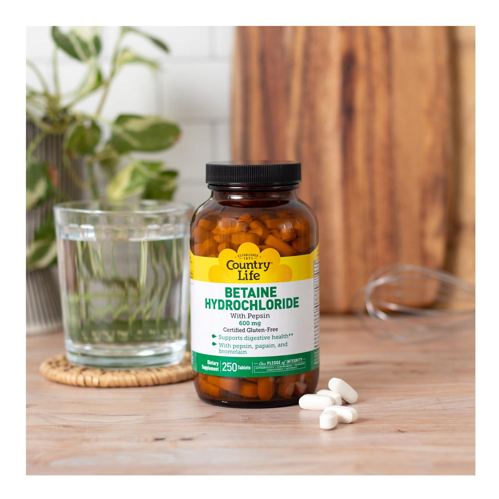 Country Life Betaine HCl with Pepsin supplement facts panel, clear ingredient information.