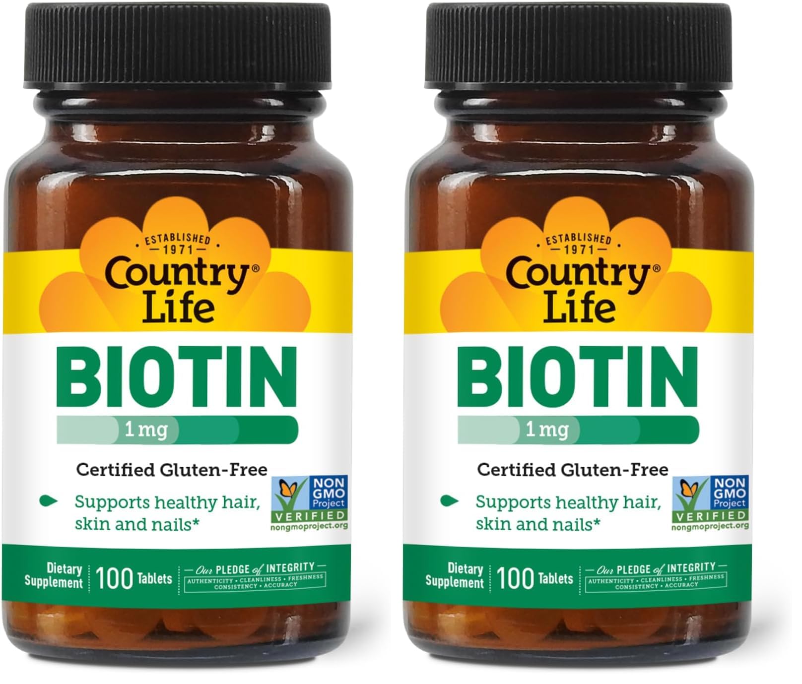 Country Life Biotin 1mg bottle for hair, skin, and nail support.