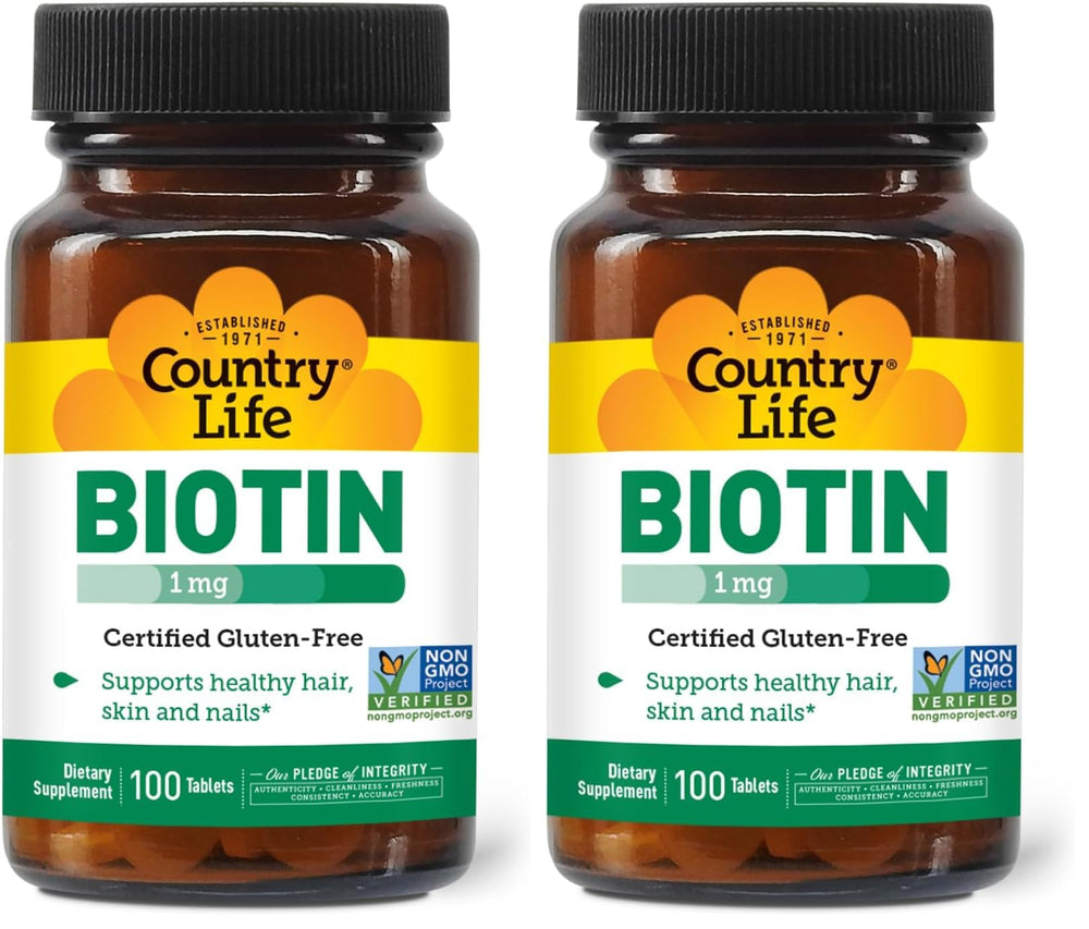 Country Life Biotin 1mg bottle for hair, skin, and nail support.