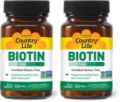 Country Life Biotin 1mg bottle for hair, skin, and nail support.