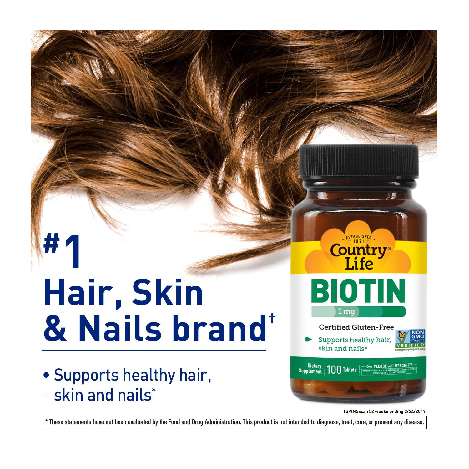 Country Life Biotin label close-up showing gluten-free and vegan certifications.