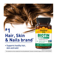 Country Life Biotin label close-up showing gluten-free and vegan certifications.