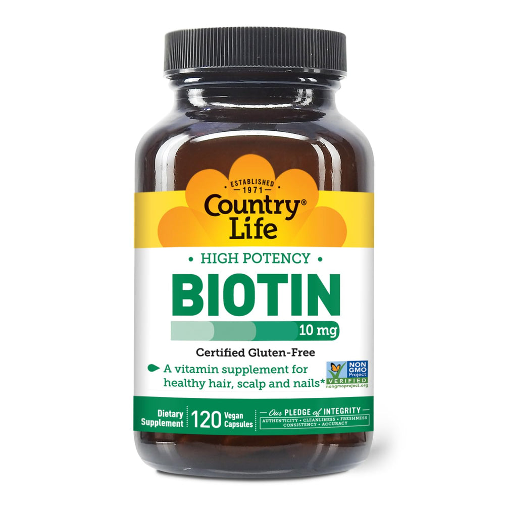 Close-up of Country Life Biotin capsules highlighting vegan form.