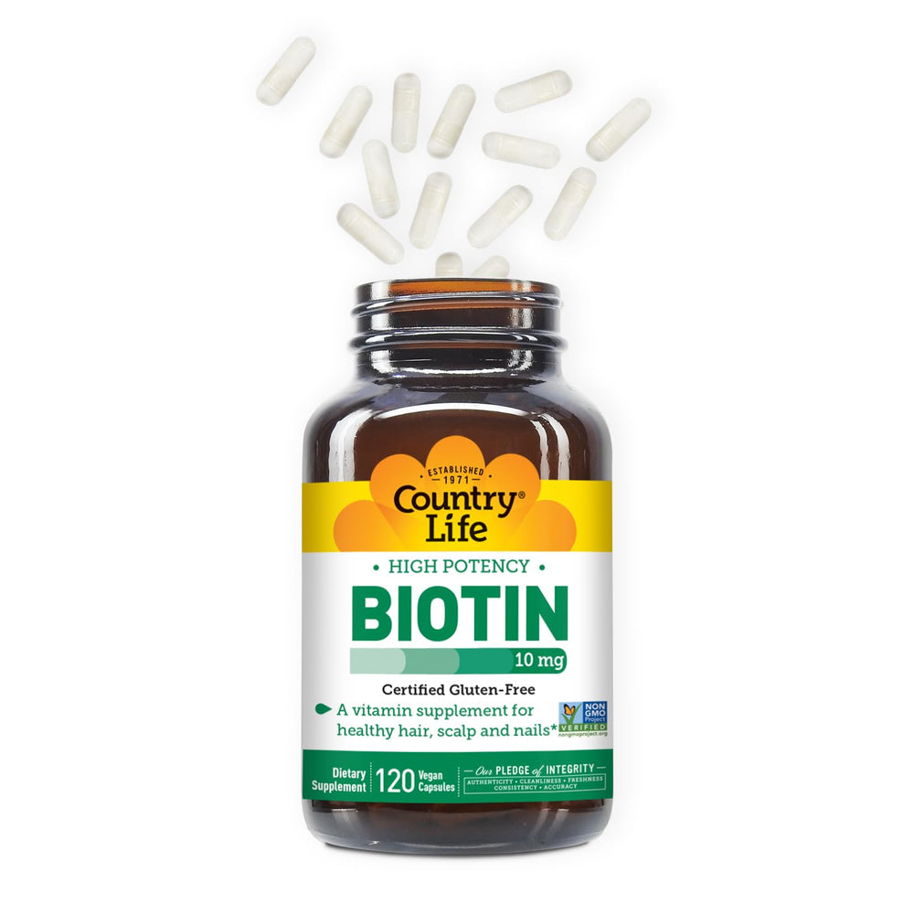 Country Life Biotin gluten-free icon on packaging.