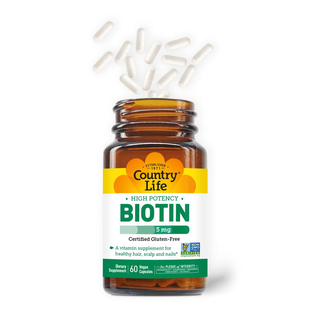 Country Life Biotin High Potency capsules closeup highlighting vegan formula