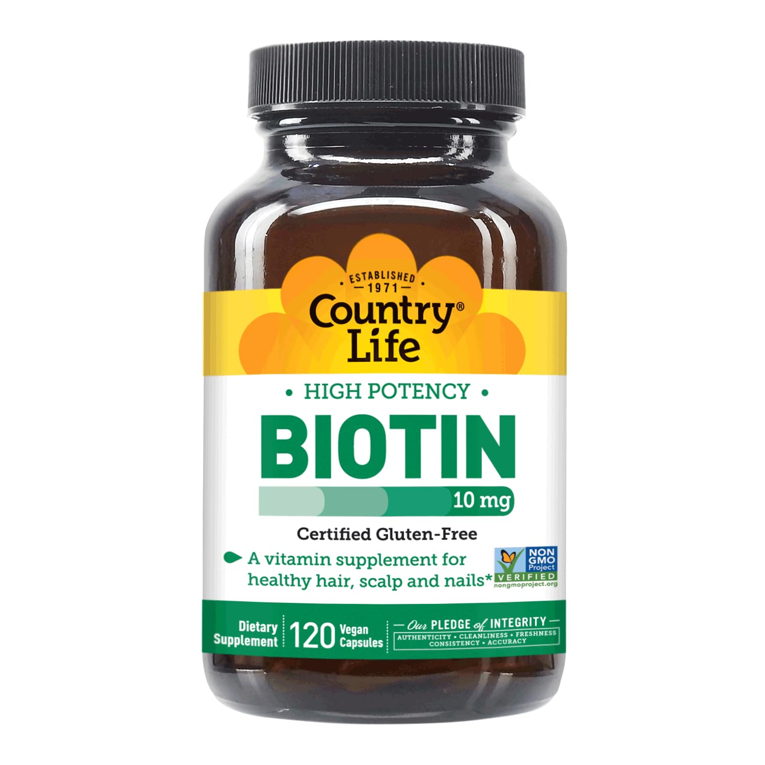Country Life Biotin vegan label on packaging emphasizing plant-based nutrition.