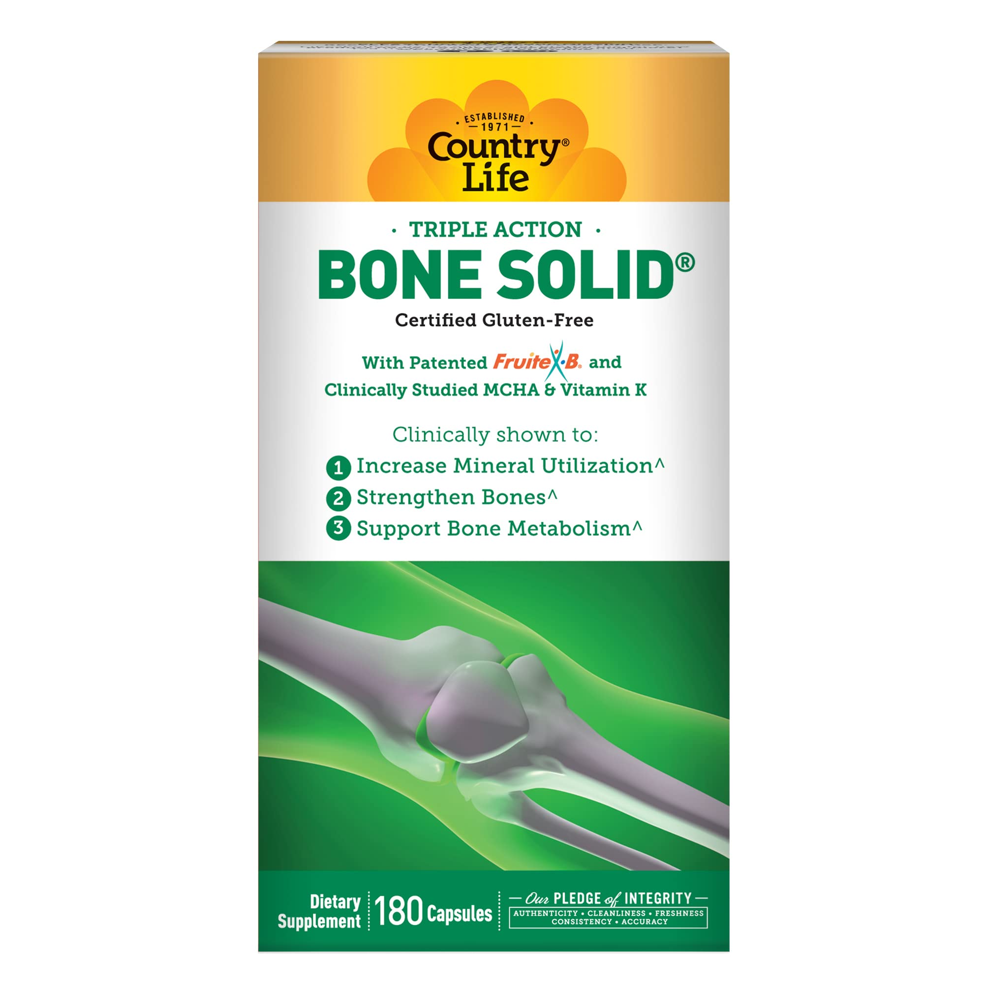 Country Life Bone Solid bottle close-up highlighting the MCHA-based bone support formula.