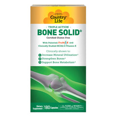 Country Life Bone Solid bottle close-up highlighting the MCHA-based bone support formula.