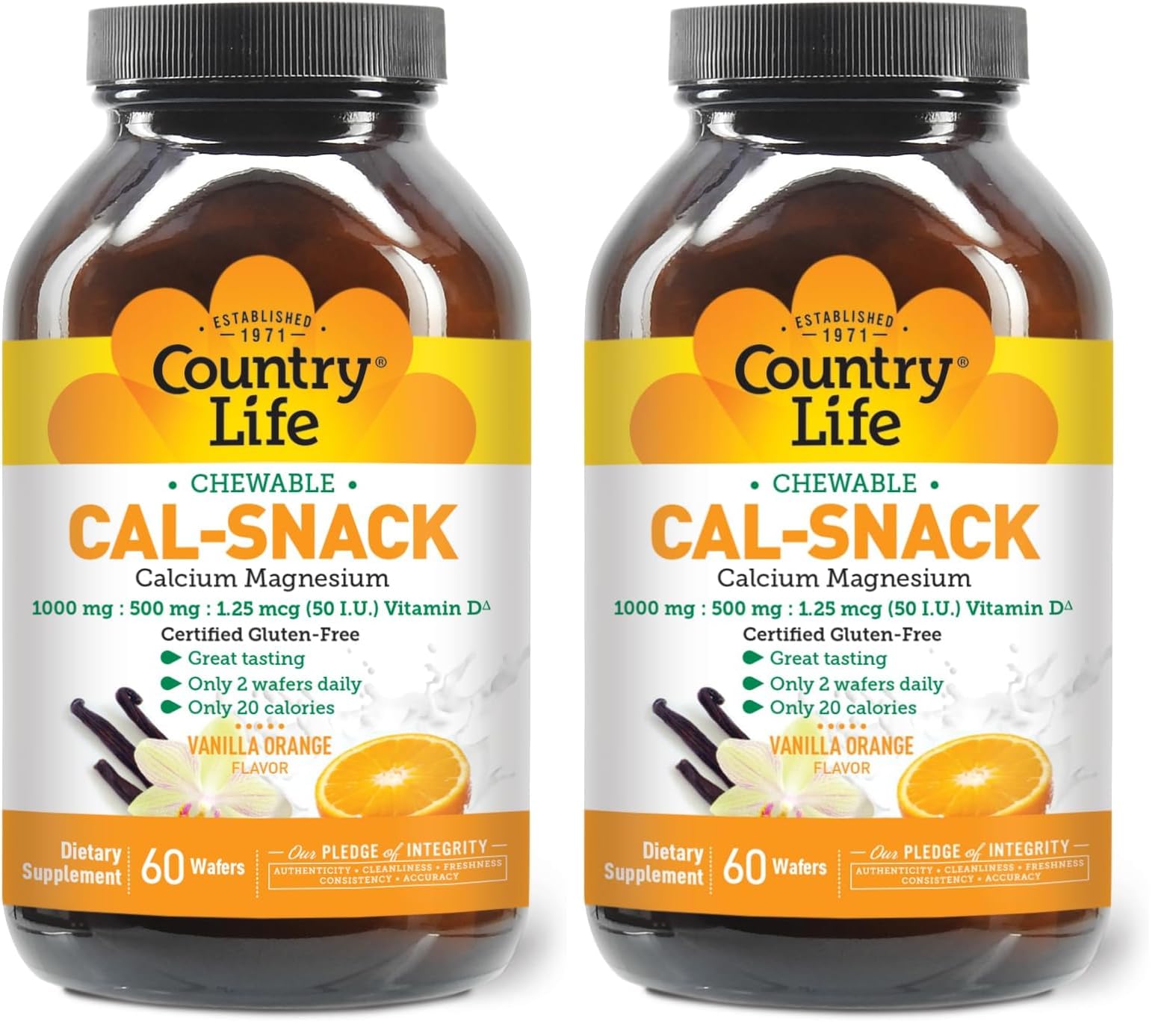 Country Life Cal-Snack vanilla orange wafers, dairy-free and vegan, ready to chew