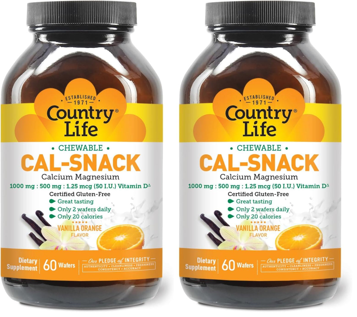 Country Life Cal-Snack vanilla orange wafers, dairy-free and vegan, ready to chew