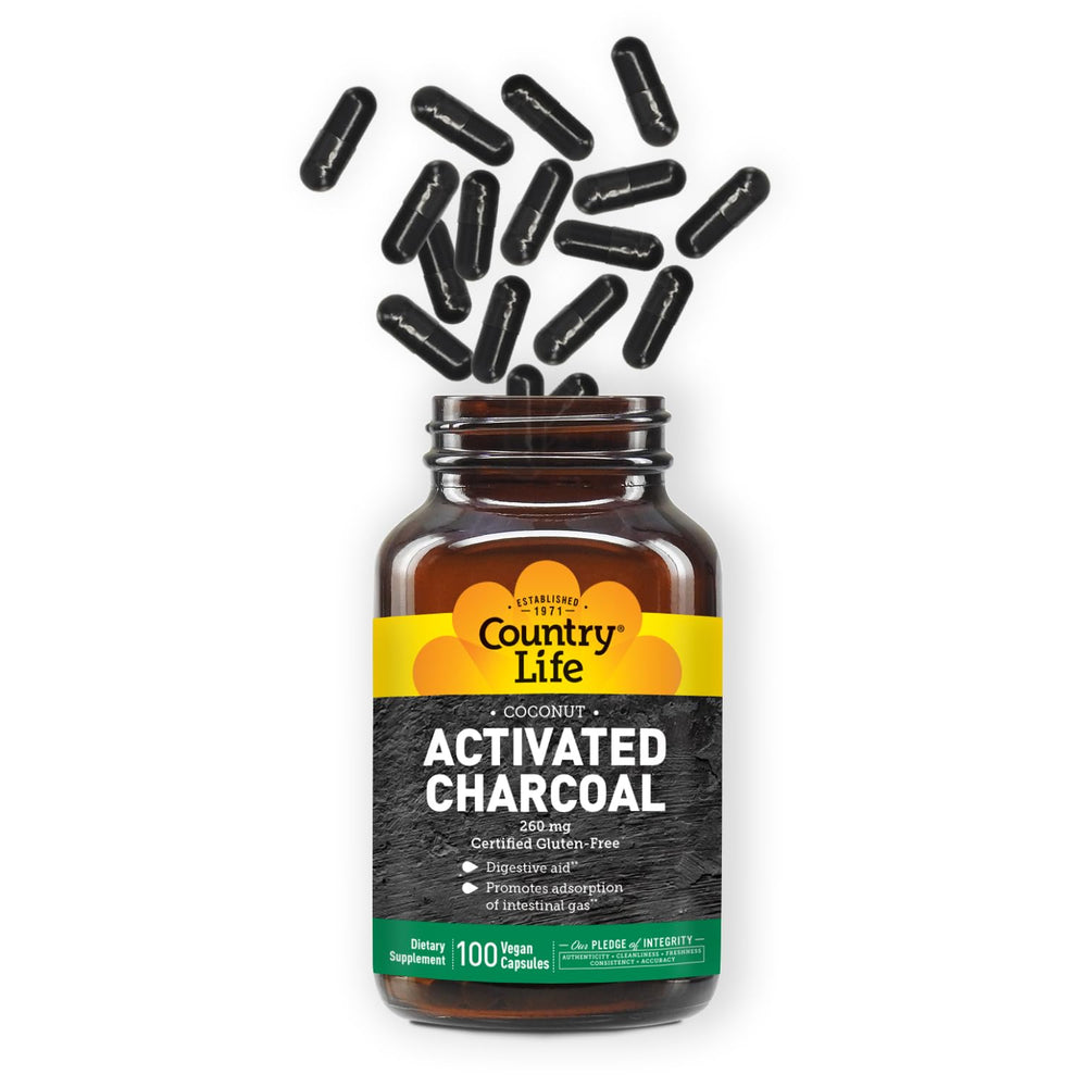 Country Life charcoal capsules pour demonstrates easy dosing after meals.