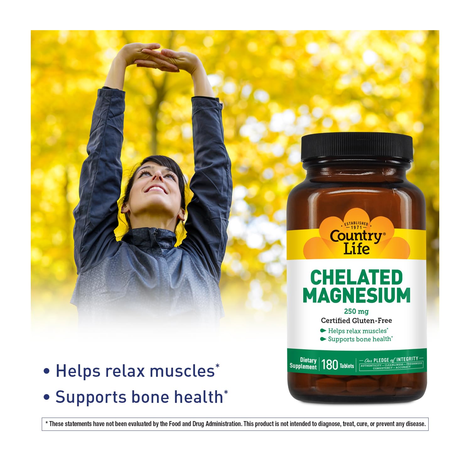 Country Life Chelated Magnesium 250mg bottle back label shows ingredients and gluten-free status