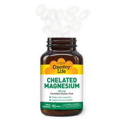 Closeup of Country Life 250mg magnesium bottle highlighting vegan, gluten-free formulation.