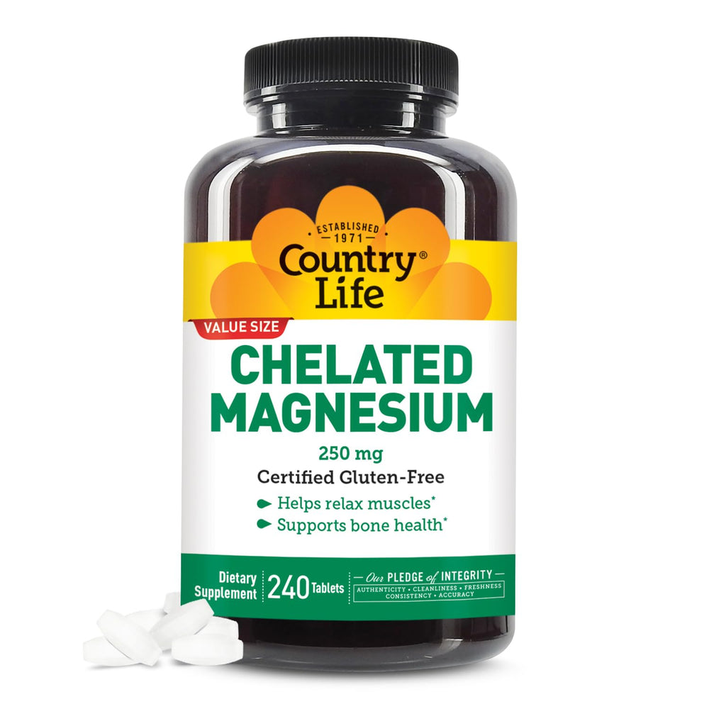 Country Life Chelated Magnesium 250mg bottle on table, highlighting daily bone and immune support.