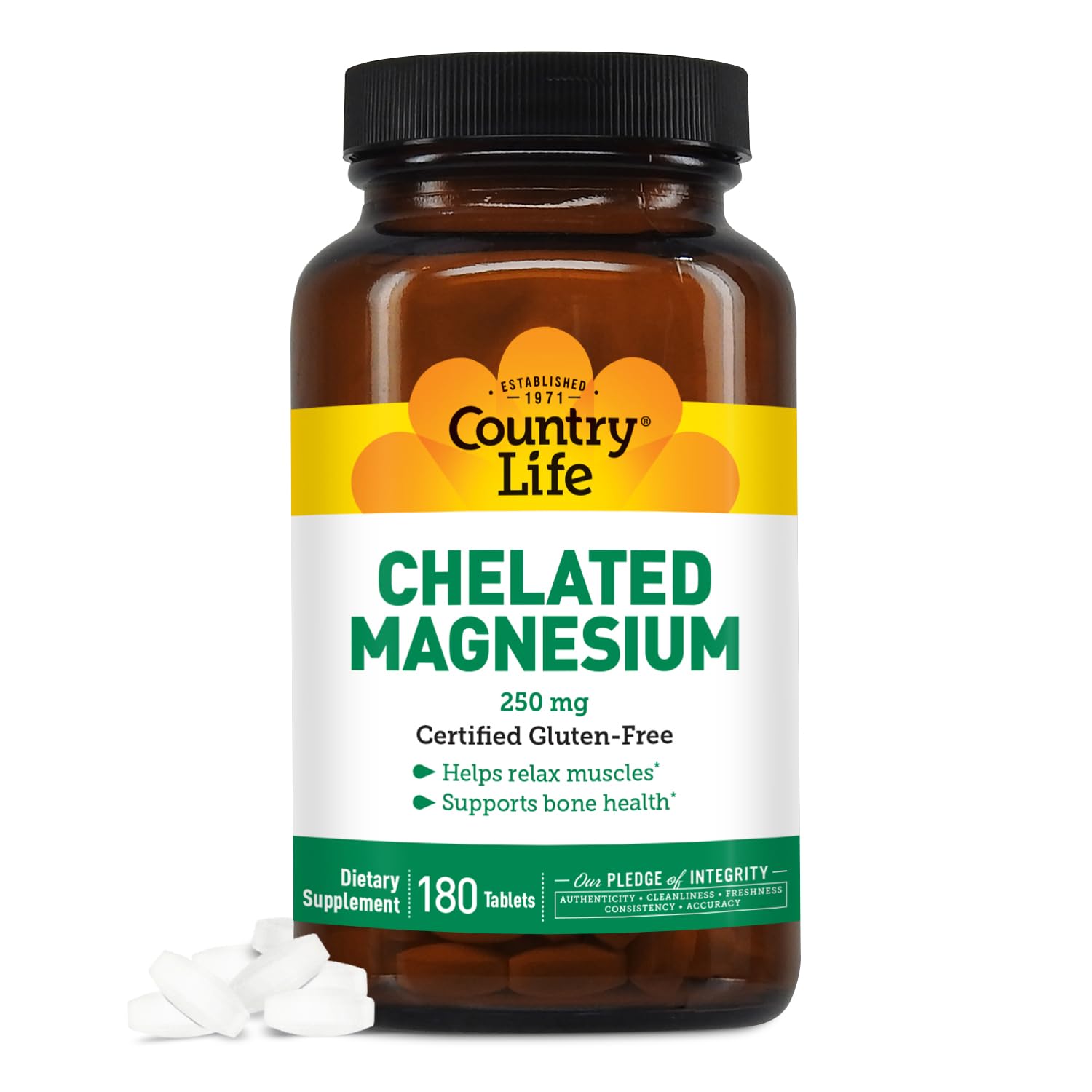 Country Life Chelated Magnesium 250mg bottle front view supports heart and muscle health