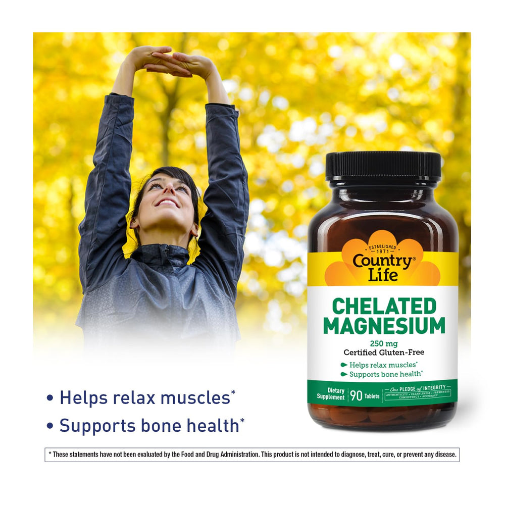 Pour of Country Life 250mg magnesium bottle suggests easy daily intake with meals.