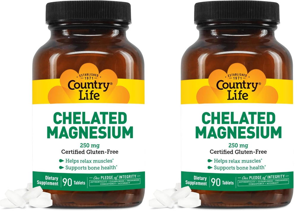Country Life Chelated Magnesium 250mg bottle supports bone and muscle health.
