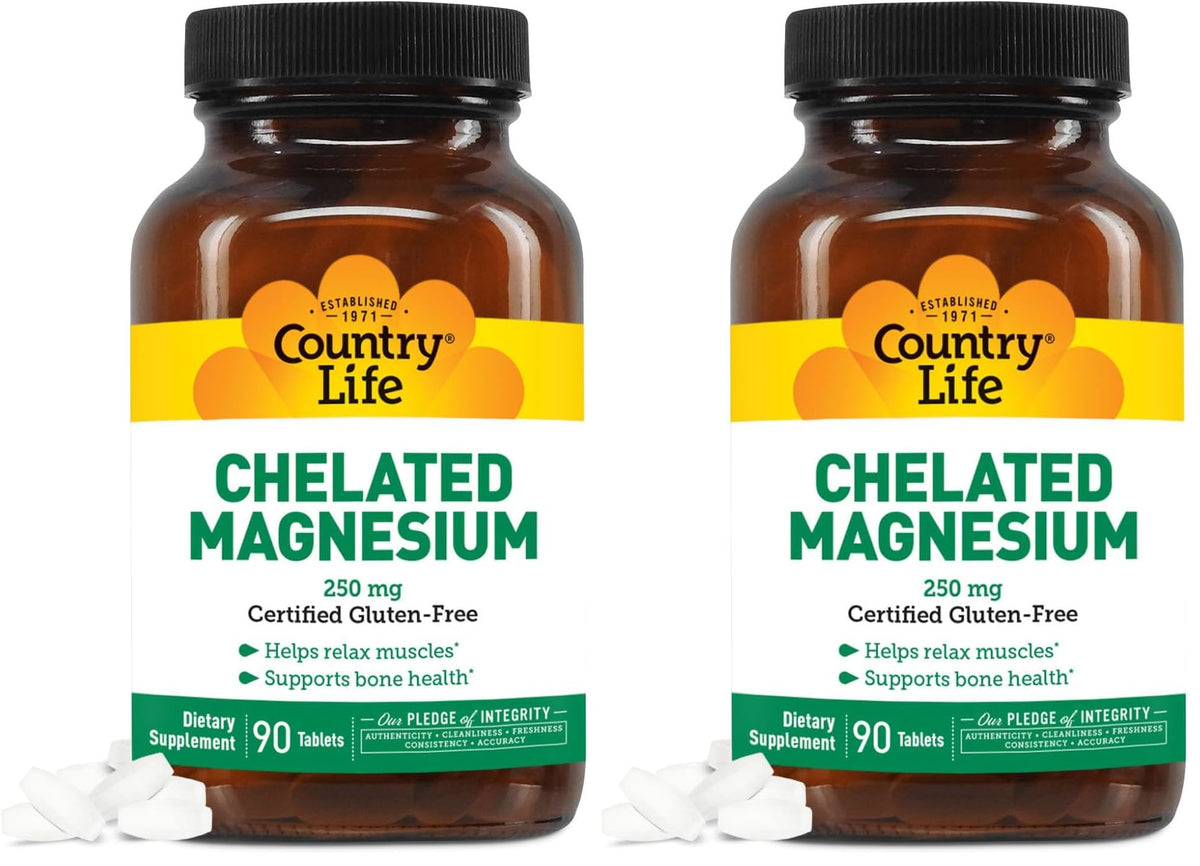 Country Life Chelated Magnesium 250mg bottle supports bone and muscle health.