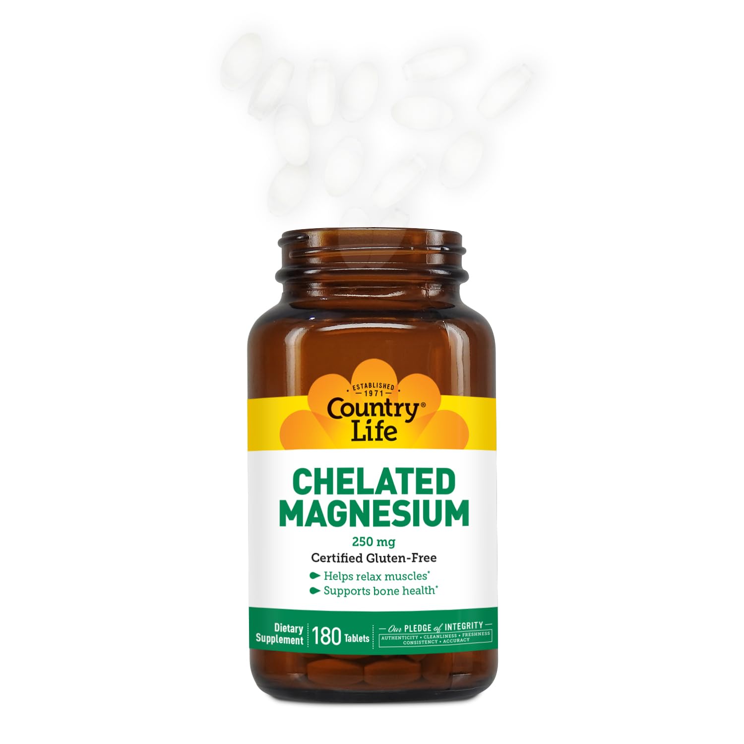 Country Life Chelated Magnesium 250mg gluten-free badge reinforces dietary safety