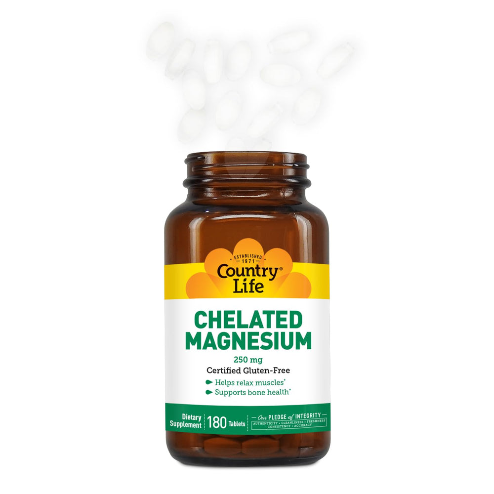 Country Life Chelated Magnesium 250mg gluten-free badge reinforces dietary safety