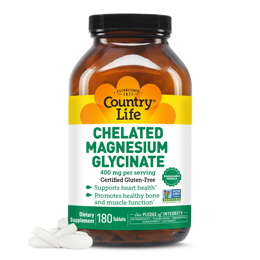 Country Life chelated magnesium glycinate 400mg tablets, front view, supporting muscle function