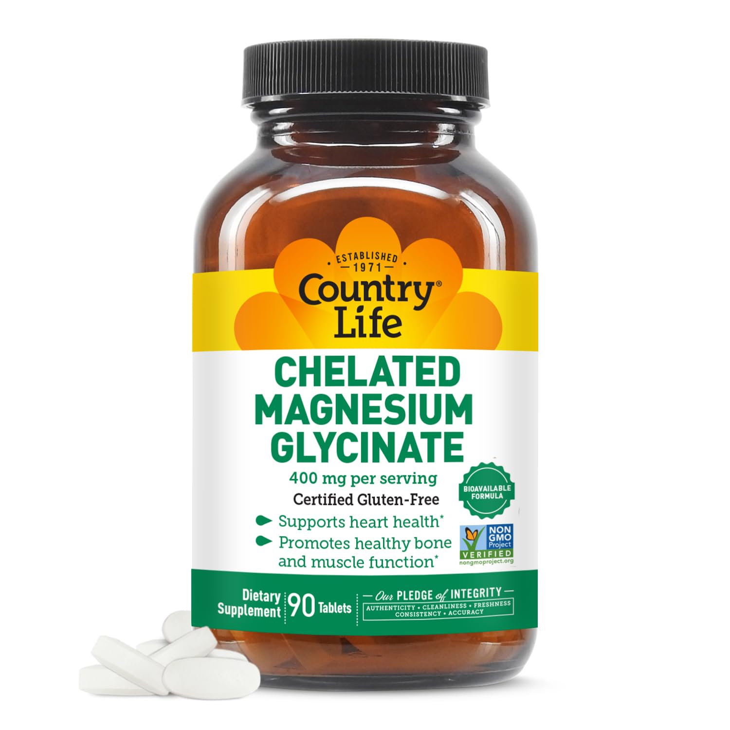 Country Life Chelated Magnesium Glycinate bottle front promotes calm and muscle relaxation.
