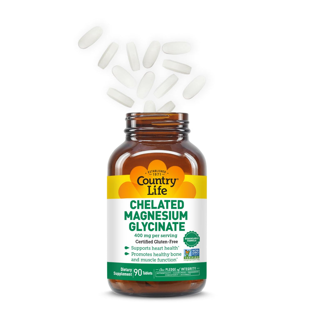 Country Life Chelated Magnesium Glycinate certification logos indicate vegan, kosher, non-GMO.