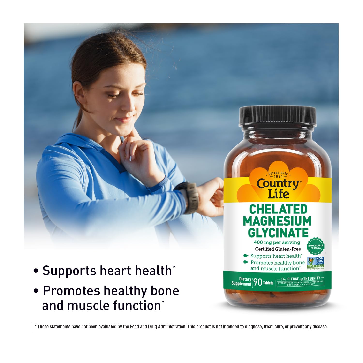 Country Life Chelated Magnesium Glycinate label close-up shows gluten-free vegan quality.