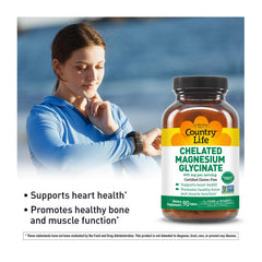 Country Life Chelated Magnesium Glycinate label close-up shows gluten-free vegan quality.