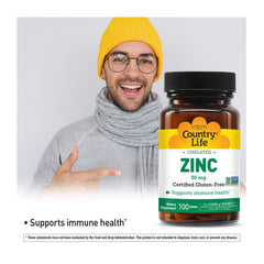 Country Life Zinc 50 mg label detail reinforces gluten-free and vegan certifications.
