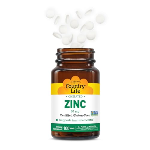 Country Life Chelated Zinc 50 mg tablet close-up highlights purity and daily dosing.