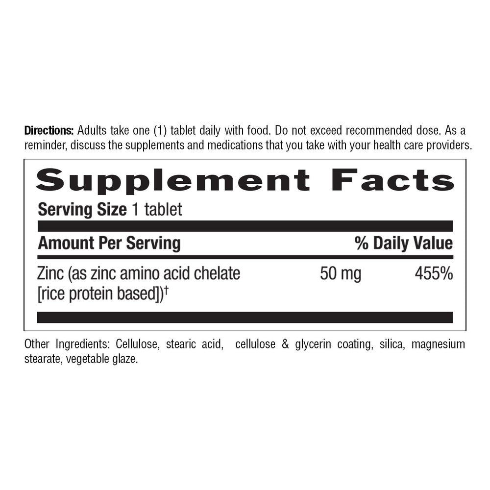 Country Life Chelated Zinc 50 mg tablets arranged show gluten-free and vegan benefits.