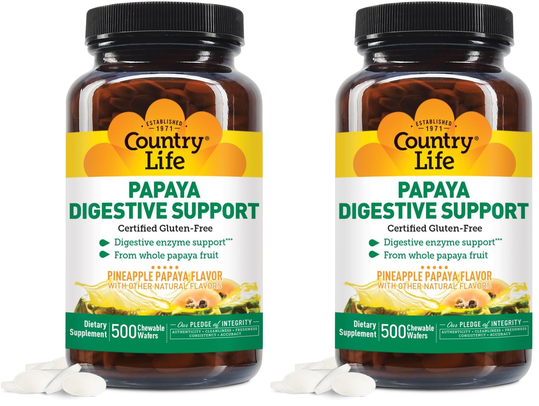 Country Life chewable papaya enzymes bottle showcases convenient post-meal support with papain and protease.