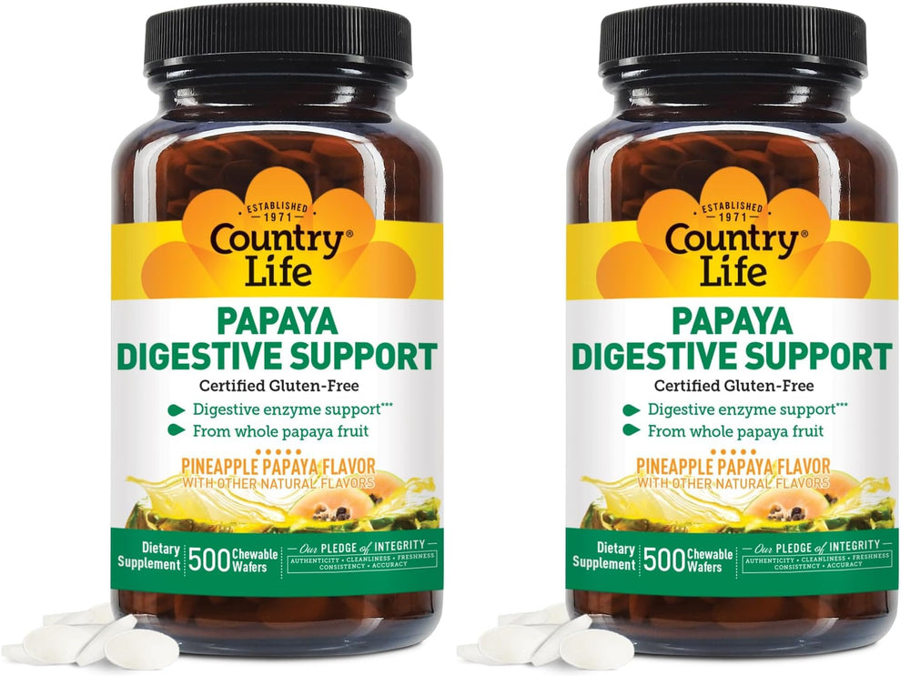 Country Life chewable papaya enzymes bottle showcases convenient post-meal support with papain and protease.