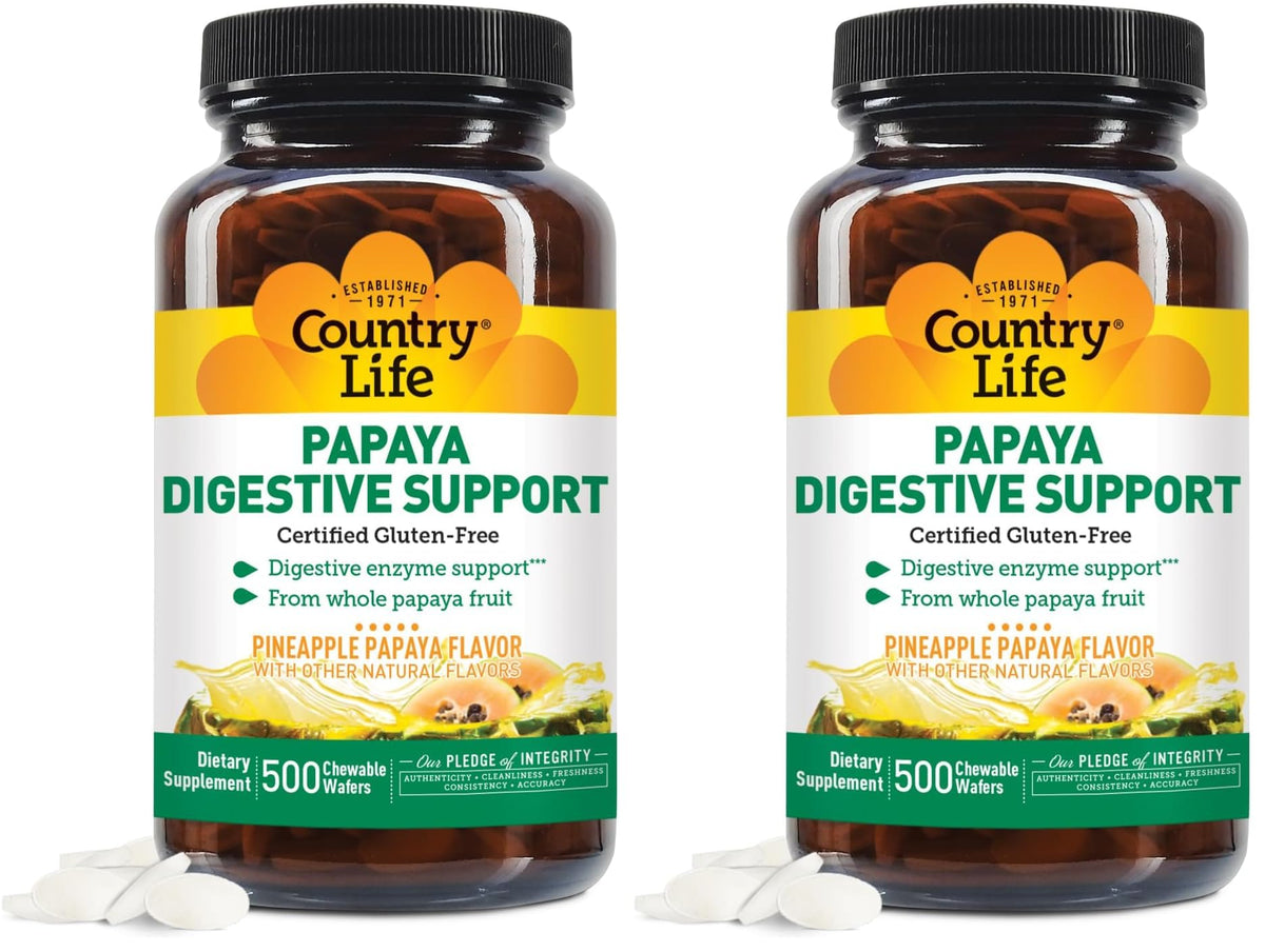 Country Life chewable papaya enzymes bottle showcases convenient post-meal support with papain and protease.