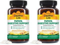 Country Life chewable papaya enzymes bottle showcases convenient post-meal support with papain and protease.