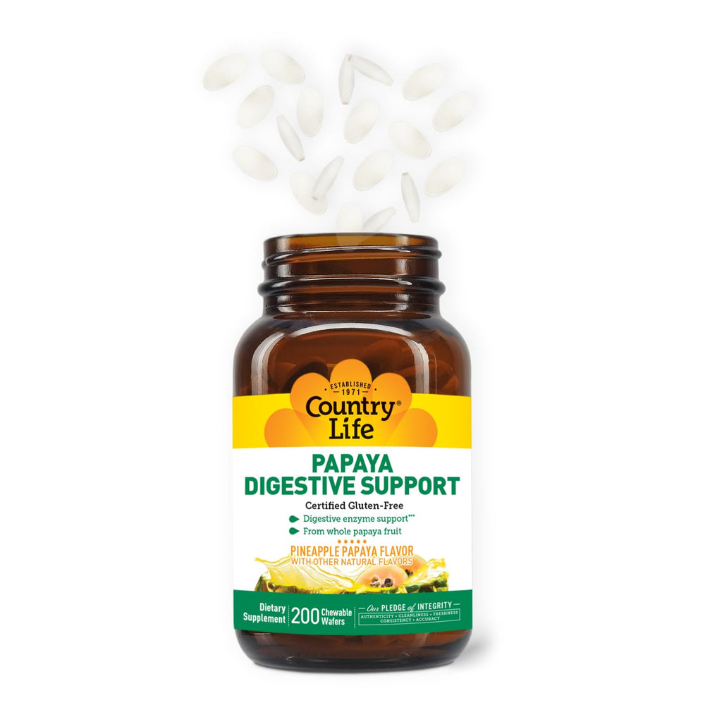Country Life chewable papaya enzymes foil packets ideal for on-the-go digestion.
