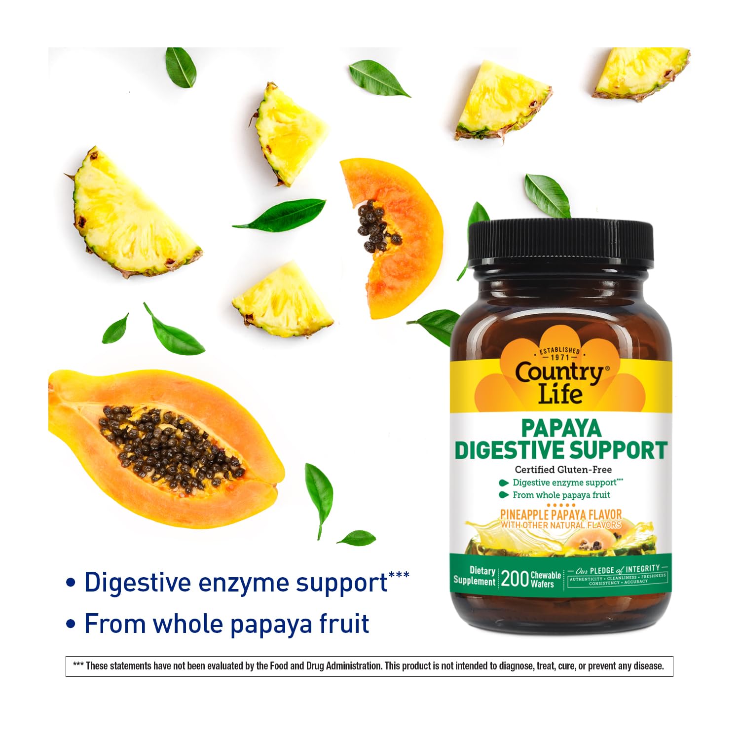 Country Life chewable papaya enzymes ingredients label notes vegan gluten-free formula.