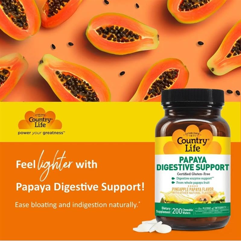 Country Life chewable papaya enzymes pack of 2 emphasizes value and routine use.