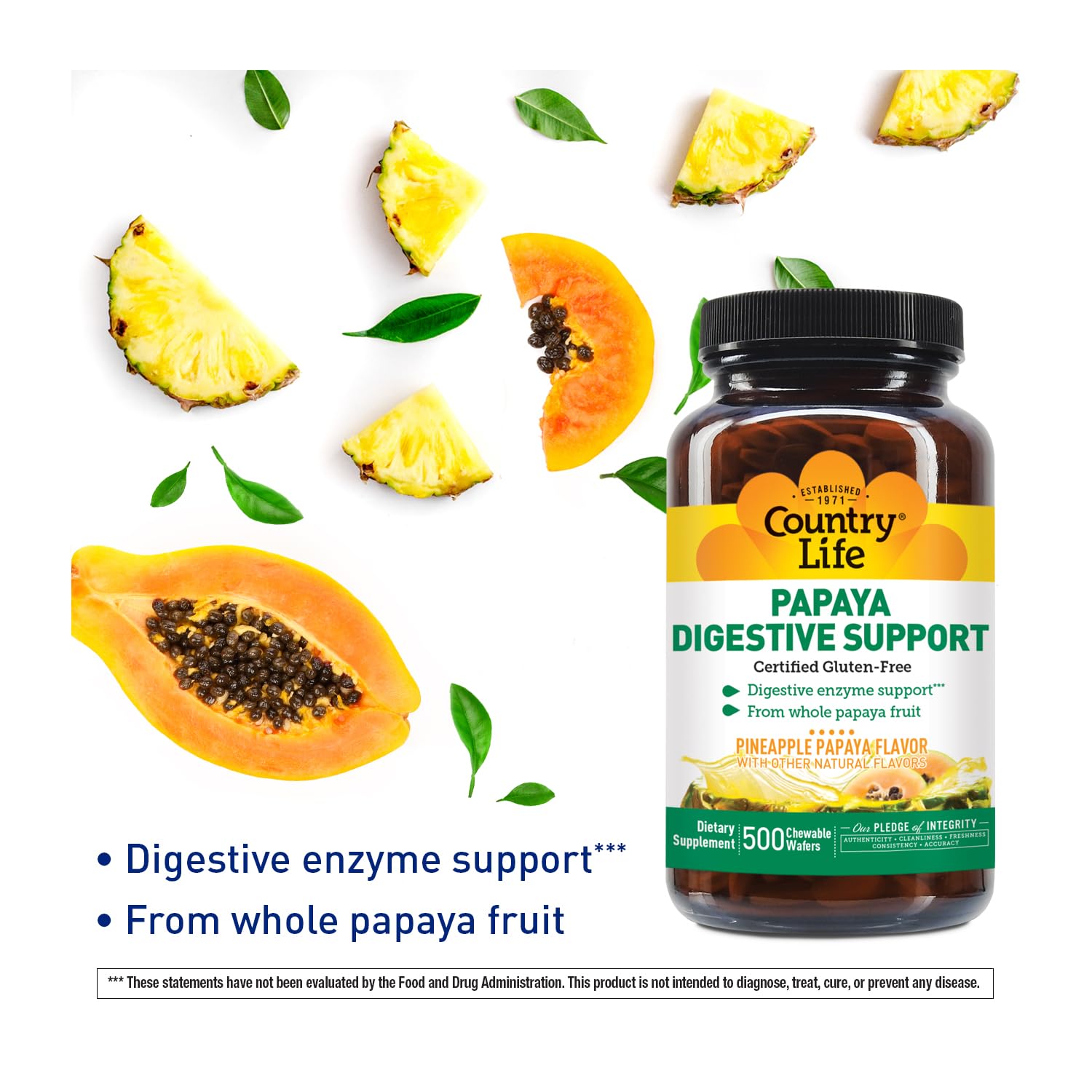 Country Life papaya enzymes wafers closeup highlights tasty pineapple-papaya flavor for easy daily use.