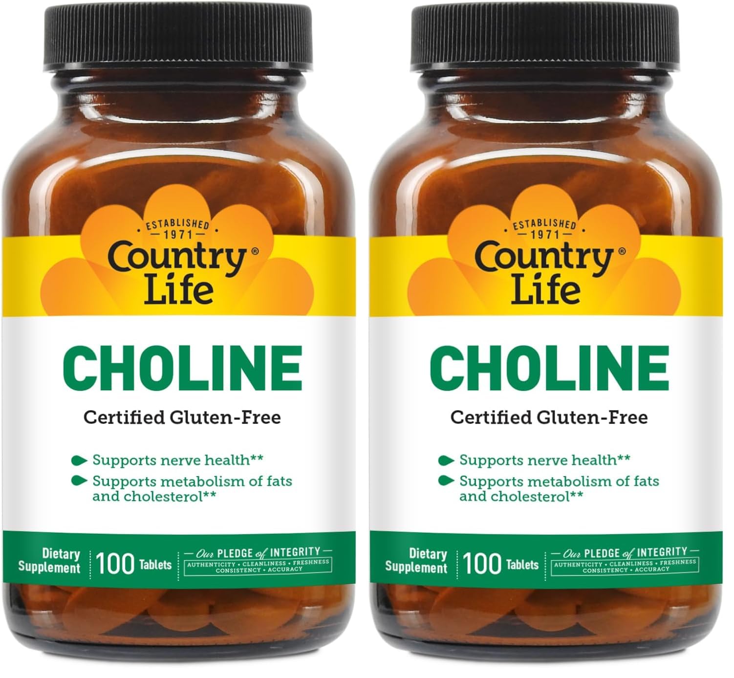 Country Life Choline 266mg bottle label closeup with gluten-free certification visible.
