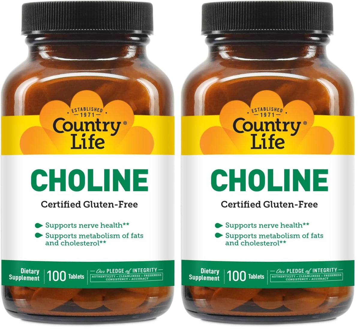 Country Life Choline 266mg bottle label closeup with gluten-free certification visible.