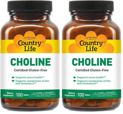 Country Life Choline 266mg bottle label closeup with gluten-free certification visible.