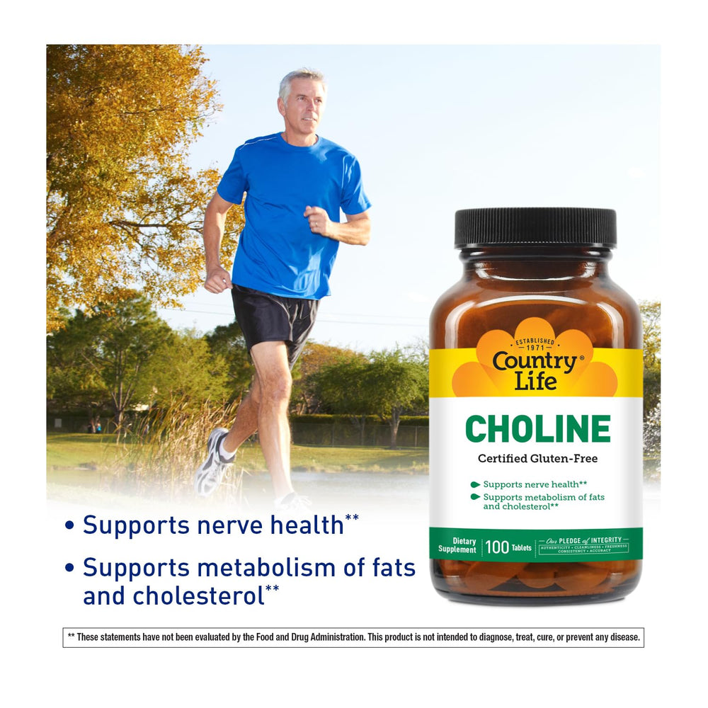 Country Life Choline 266mg packaging front shows 2x100 tablets count.