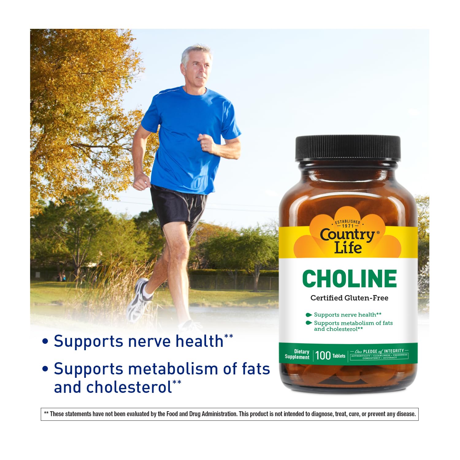 Close-up of Country Life Choline 266mg tablets for daily wellness use.