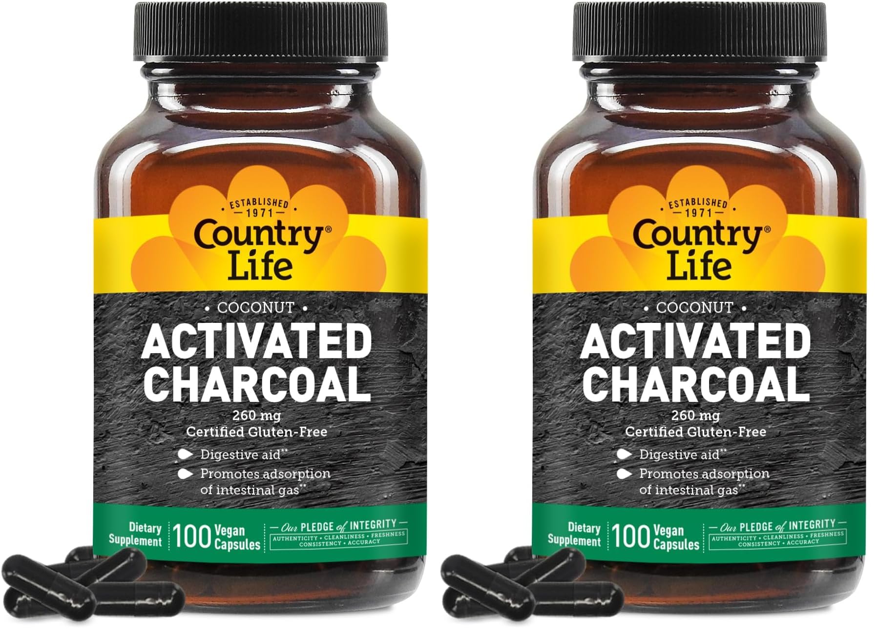 Country Life coconut activated charcoal capsules for digestive support and gas relief.