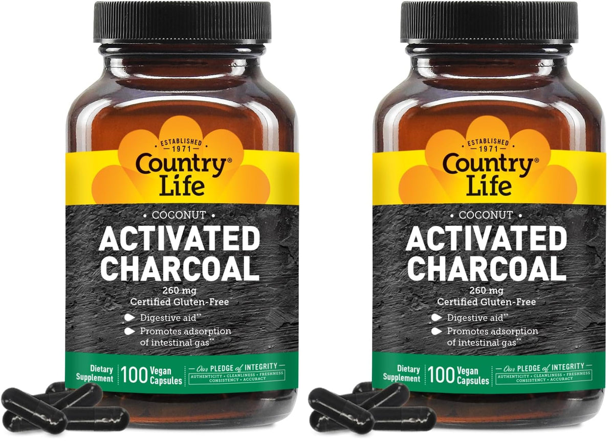 Country Life coconut activated charcoal capsules for digestive support and gas relief.