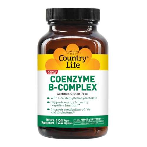 Country Life Coenzyme B-Complex bottle with ingredients list highlights choline for neurotransmitter support.