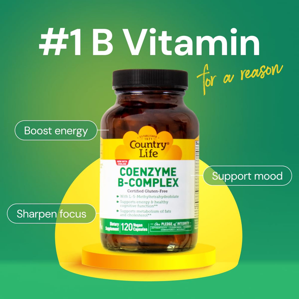 Country Life Coenzyme B-Complex capsules close-up illustrating easy-to-swallow daily nutrition.