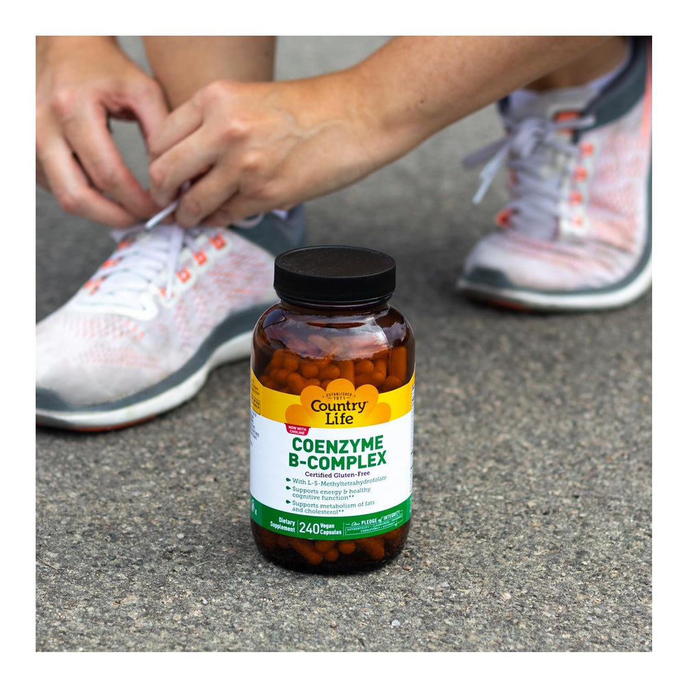 Country Life Coenzyme B-Complex nutrition panel detailing B9, B1, B2 and B12.
